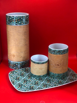 Набор фарфоровой посуды с берестой из 4х изделий (кружка большая, кружка малая, ваза, блюдо). Коллекция  Изразец Коломенское. Птицы. Бревно (Log).