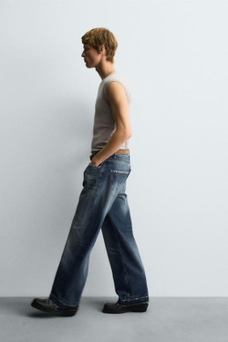 ZARA ДЖИНСЫ СВОБОДНОГО КРОЯ С ЗАКЛЕПКАМИ, СИНИЙ