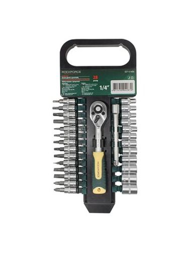 Набор головок и бит с трещоткой в пласт. держателе 28пр. 1/4''(4-14мм, 6-гран.) RockForce##Rock FORCE RF-027-5MSA