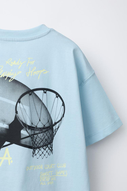 ZARA ФУТБОЛКА С ПРИНТОМ «СПОРТ», ГОЛУБОЙ