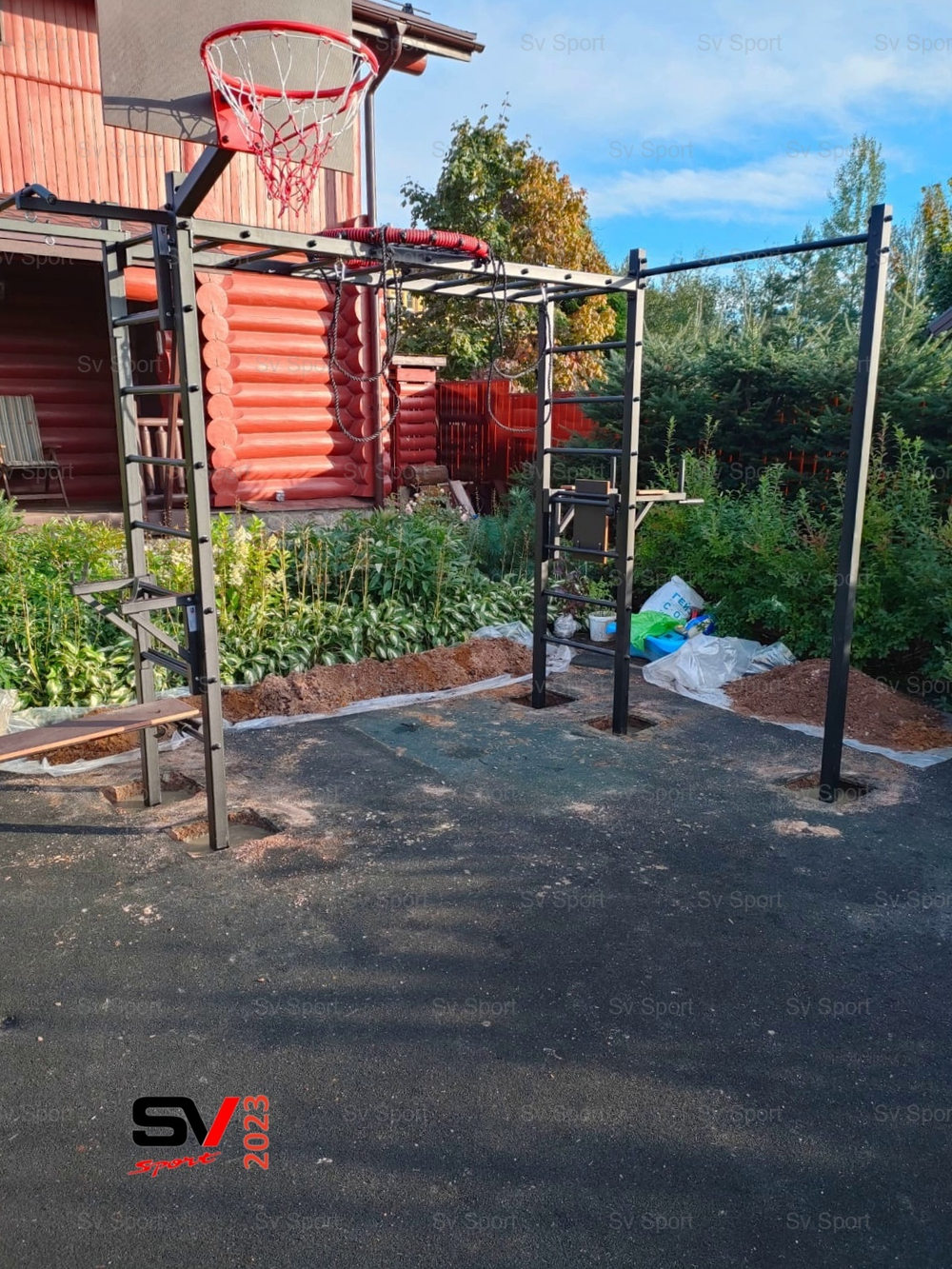 Монтаж уличной шведской стенки Sv Sport Рукоход (5 вертикальных столбов)