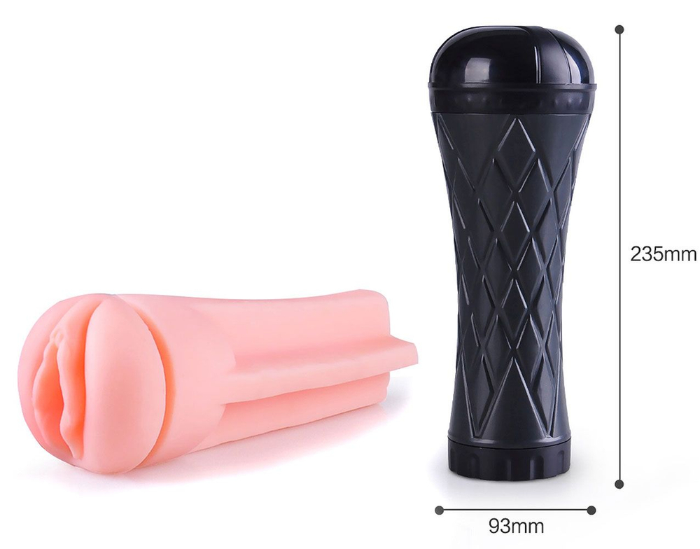 Телесный мастурбатор-вагина в черной колбе с вибрацией (Цвет: телесный)