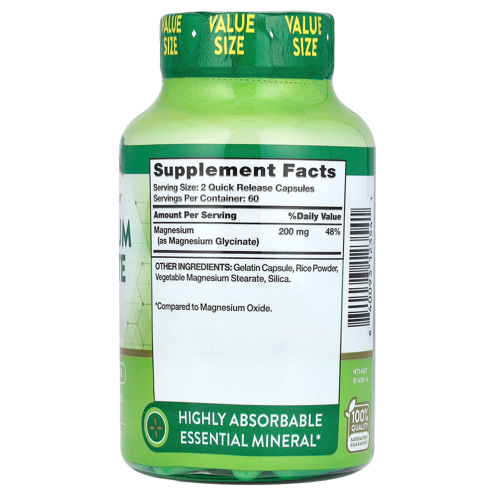 Nature's Truth, глицинат магния, хелатная форма, 120 капсул с быстрым высвобождением (100 мг в 1 капсуле)