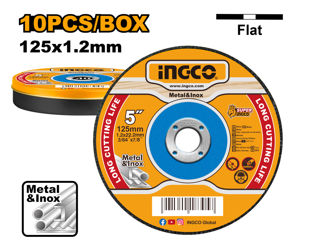 Круг отрезной по металлу INGCO MCD121255 125х1,2х22,2 мм 10шт. Metal/Inox