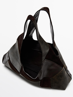 Massimo Dutti Средняя сумка из замши в стиле пэчворк, коричневый