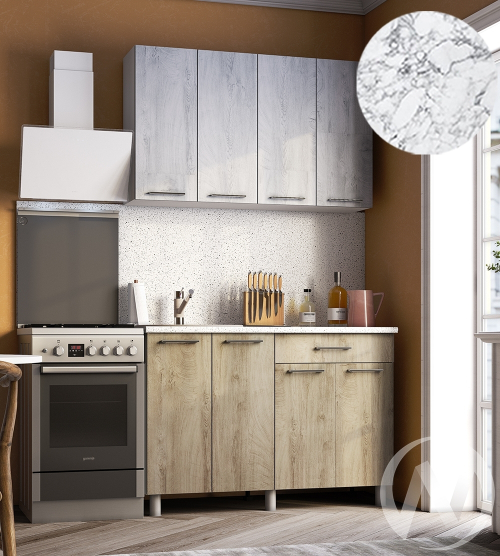 Кухня Одри 1.2м (корпус белый/дуб остин серый; дуб остин бежевый) 26мм мрамор итальянский