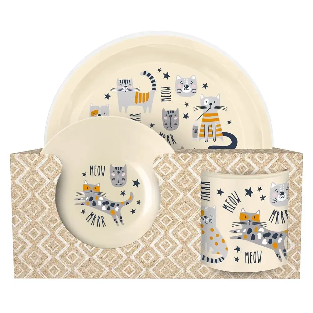 Набор посуды для детей с декором Котики: тарелка 215мм, миска 130мм, кружка 280мл, св.-беж Набор посуды для детей с декором Котики: тарелка 215мм, миска 130мм, кружка 280мл, св.-беж