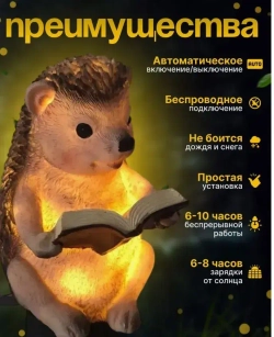 Светильник уличный на солнечной батарее Ежик фигурка садовая для украшения дачи и сада