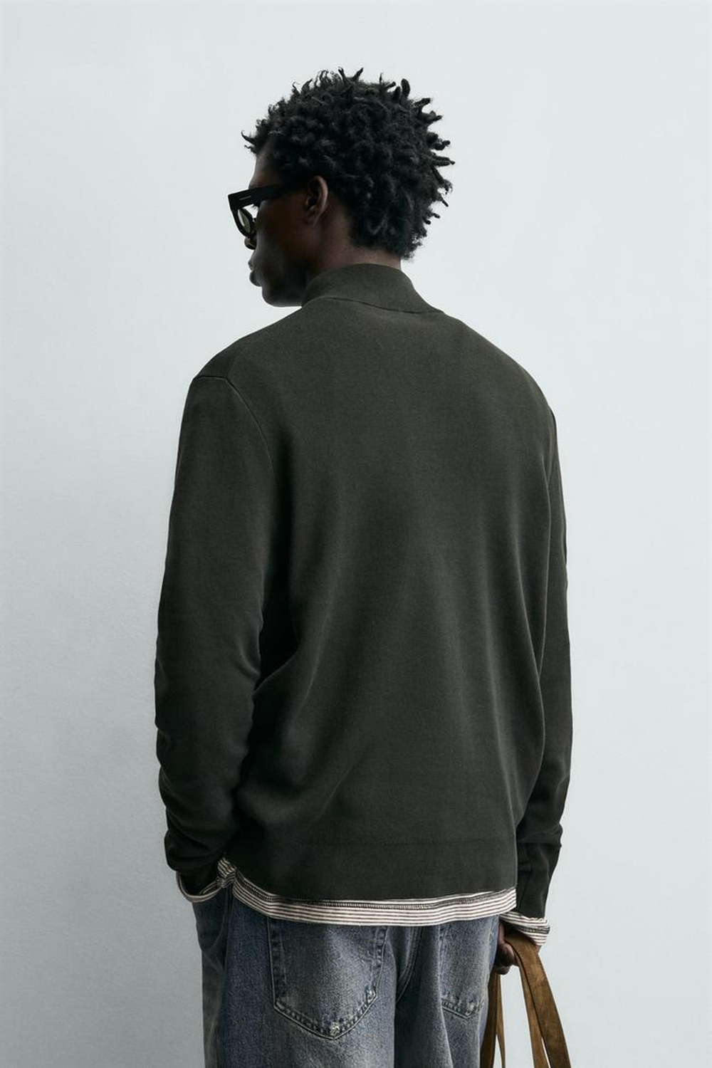 ZARA ХЛОПКОВЫЙ СВИТЕР С ВОРОТНИКОМ НА МОЛНИИ, ЗЕЛЕНЫЙ