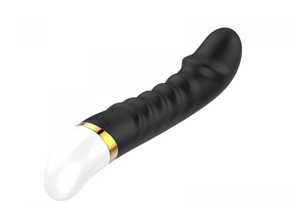 Черный изогнутый вибратор с ребрышками - 19 см. (Цвет: черный)