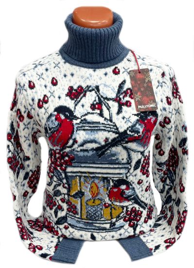 Pulltonic женский из шерсти и кашемира "Снегири. Рябина и Фонарь" Размеры (42-50). LADY