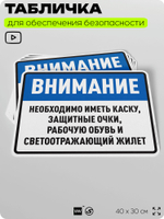 Табличка для обеспечения безопасности "Необходимо иметь каску, защитные очки", для производства, предприятия, организаций, 40х30 см, Silver Plane x Айдентика Технолоджи