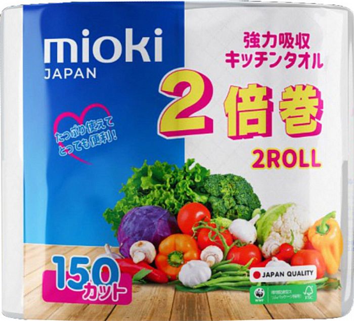 Mioki полотенце бумажное кухонное 2 рулона по 150 листов (210мм*220мм) 2х слойные 33 метра