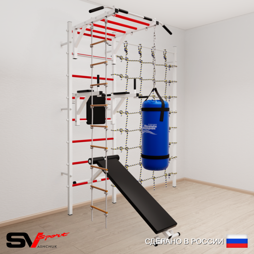 Шведская стенка Sv Sport усиленная 65220 (Турник рукоход/Брусья/Скамья/Лестница/Цепь/Мешок 22кг/Канатный лаз)