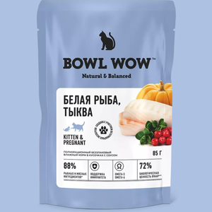 Пауч кусочки в соусе BOWL WOW для котят и беременных кошек, с белой рыбой и тыквой