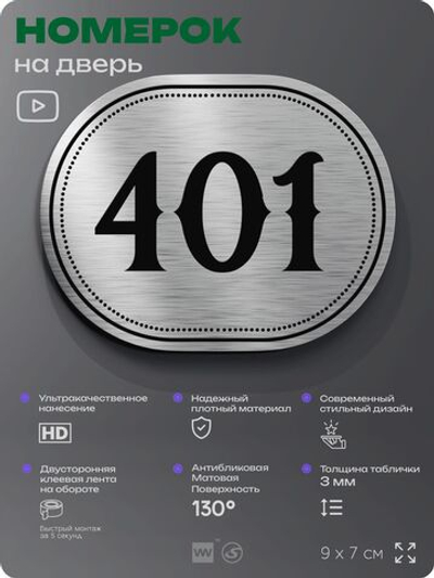 Номерок на дверь квартиры 401, для кабинета, офиса, шильдик 9 х 7 см, брашированная сталь, Айдентика Технолоджи