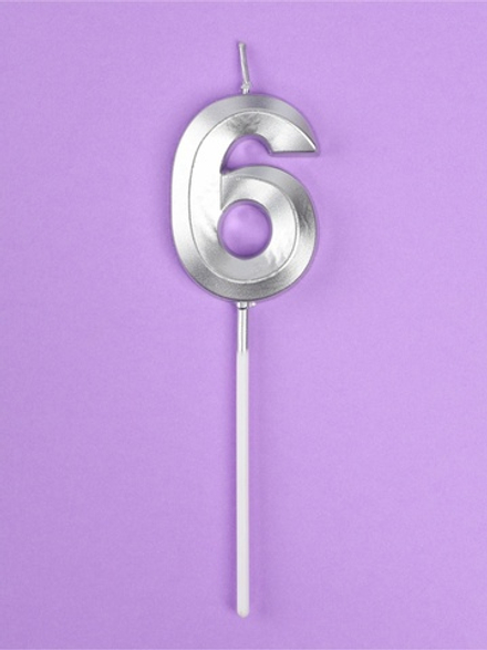 Свеча в торт на шпажке «Грань», цифра 6, серебро, 5 см