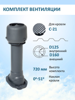 Комплект вентиляции: Вентиляционный выход изолированный D125/160/700 утепленный, проходной элемент PROF-21 для металлопрофиля кровельного профнастила С21, колпак вентиляционный TP D 160 мм, серый