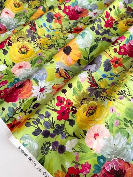 ЯРКИЕ АКВАРЕЛЬНЫЕ ЦВЕТЫ НА ЗЕЛЕНОМ - 100% ХЛОПОК 3