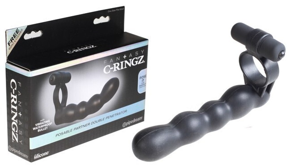 Эрекционное вибро-кольцо с гнущимся анальным стимулятором Posable Partner Double Penetrator (Цвет: черный)