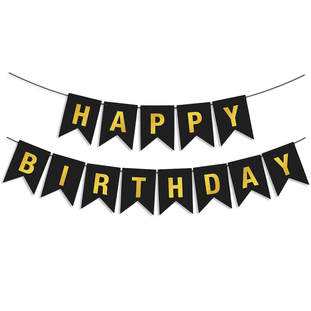 Гирлянда Флажки, Happy Birthday, Черный/Золото, Металлик, 500 см, 16*12 см