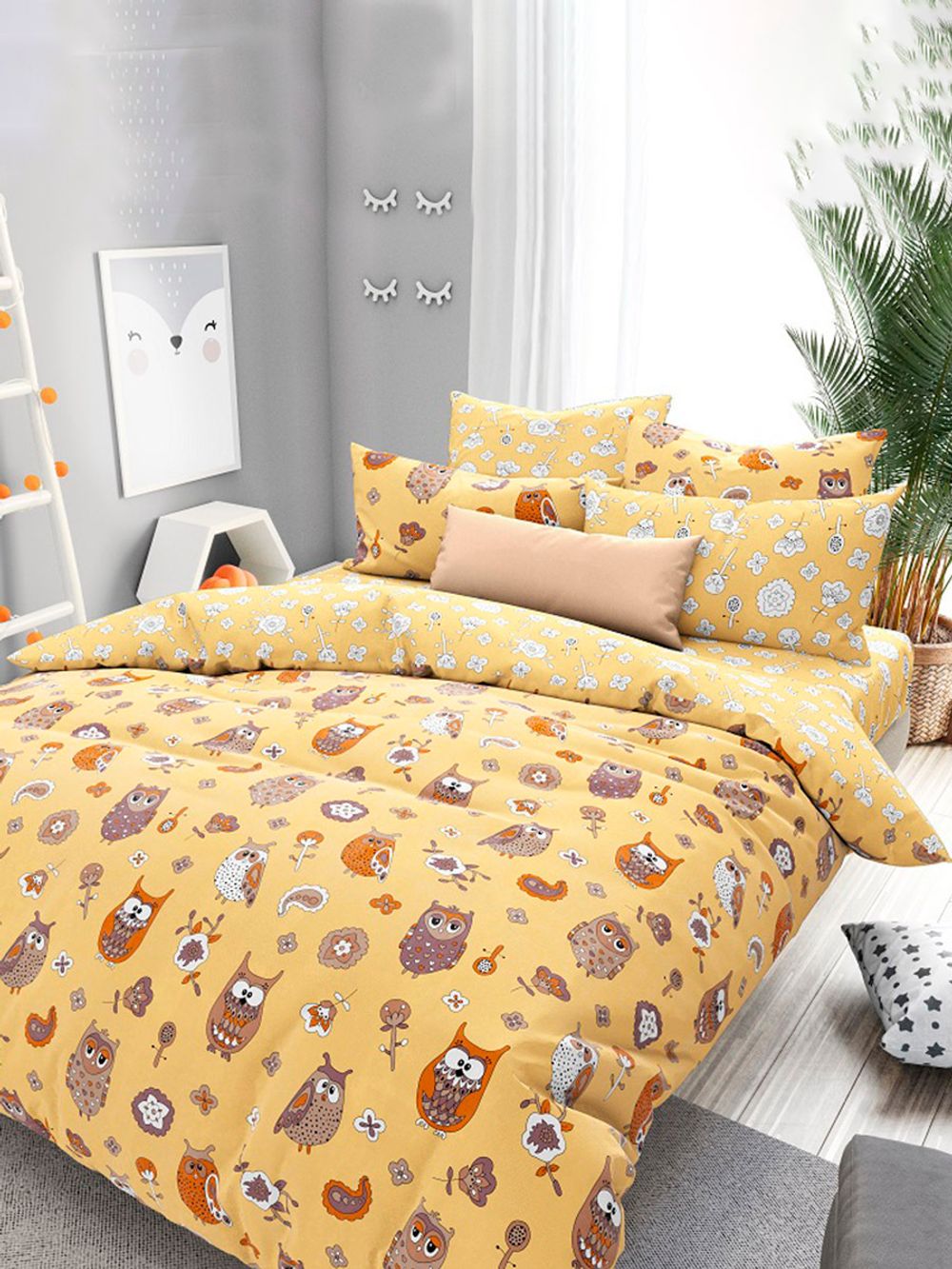 Постельное белье поплин Сказка "Совята/Совята (компаньон)" 1,5-сп Наволочка 50х70 см 1 шт Простынь на резинке 90x200 см Пододеяльник 145x215 см