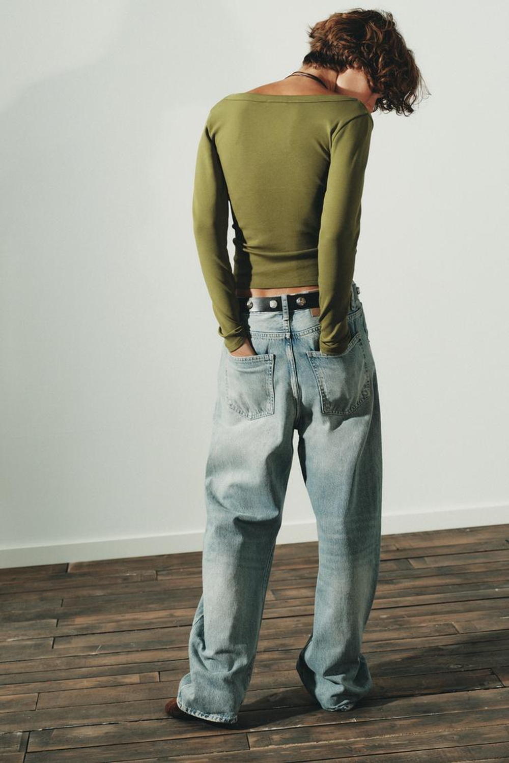 ZARA ФУТБОЛКА В РУБЧИК С ДЛИННЫМИ РУКАВАМИ, ЗЕЛЕНЫЙ