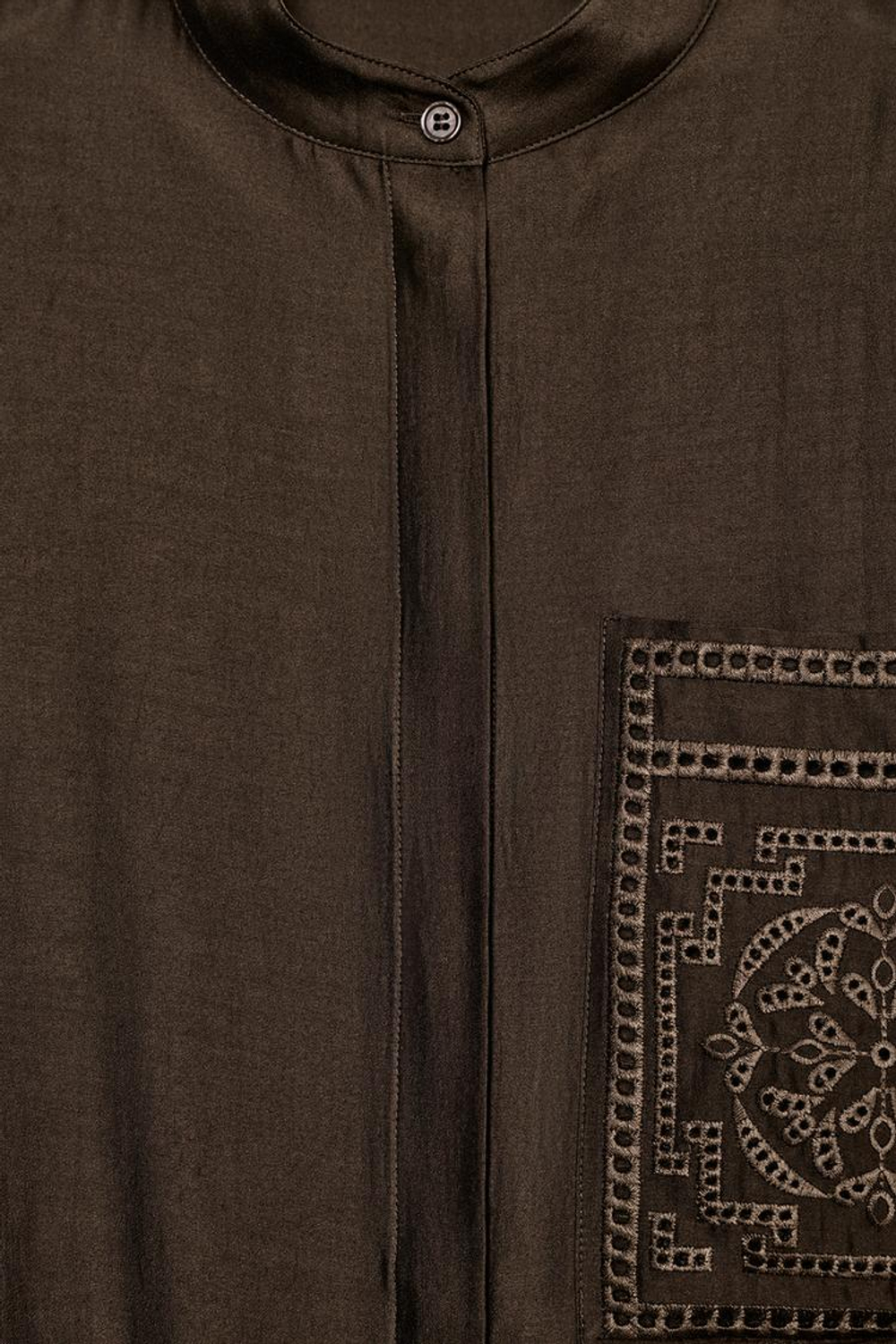 ZARA РУБАШКА С КАРМАНОМ И ВЫШИВКОЙ — ZW COLLECTION, КОРИЧНЕВЫЙ