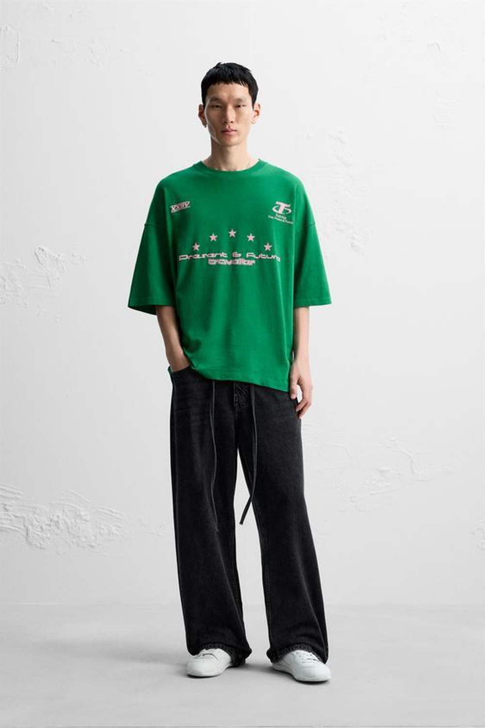 ZARA ФУТБОЛКА С ПРИНТАМИ И НАДПИСЯМИ, ТЕМНО-ЗЕЛЁНЫЙ