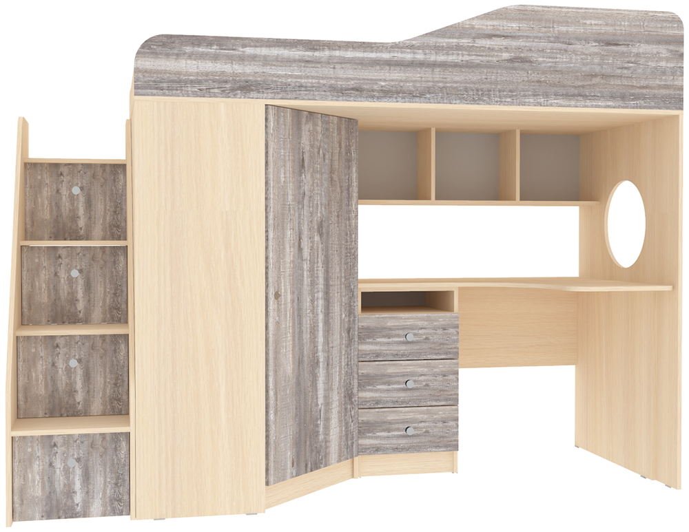 Кровать-чердак КарИВи Кадет 1 с универсальной лестницей  Дуб Молочный Бетон