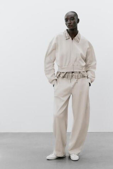 ZARA КОМБИНИРОВАННАЯ ТОЛСТОВКА С ДЕТАЛЯМИ ИЗ ПОПЛИНА, СЛОНОВАЯ КОСТЬ