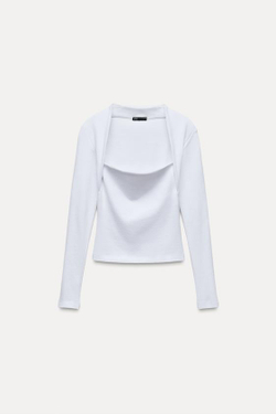 ZARA ТОП В РУБЧИК С КВАДРАТНЫМ ВЫРЕЗОМ, БЕЛЫЙ