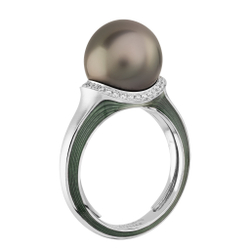 Кольцо с Чёрным Морским Жемчугом и Бриллиантами, Эмаль, R0143-4/2