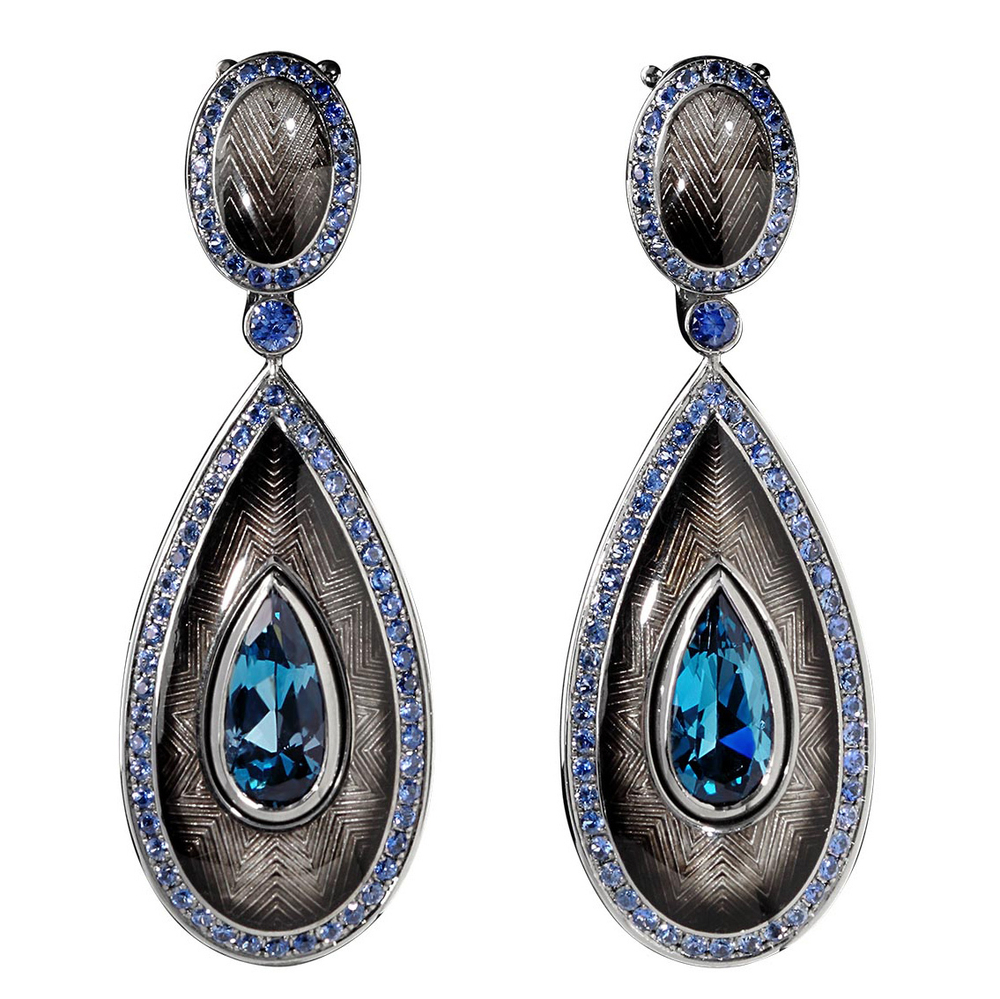 Серьги с топазом London и сапфирами, эмаль, E0105-2/14