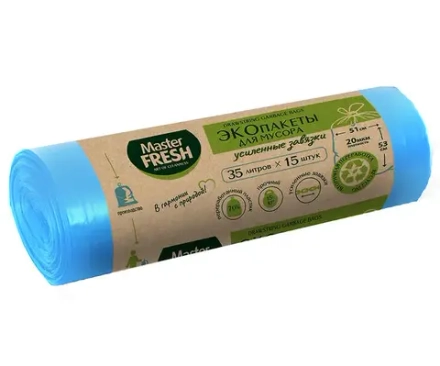 Master FRESH ЭКО пакеты для мусор 70% RECYCLING с усиленными завязками 35л/15шт 20мкм