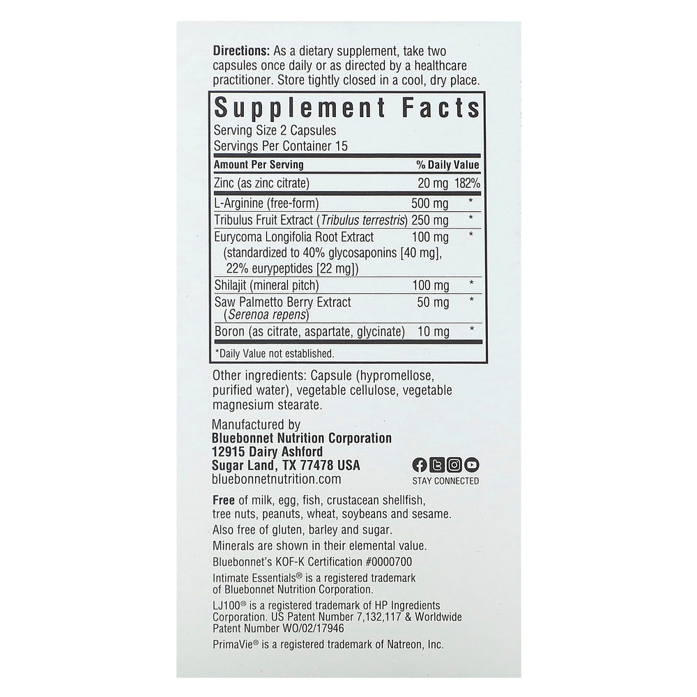 Bluebonnet Nutrition, Intimate Essentials, для него, повышение тестостерона и либидо, 30 вегетарианских капсул