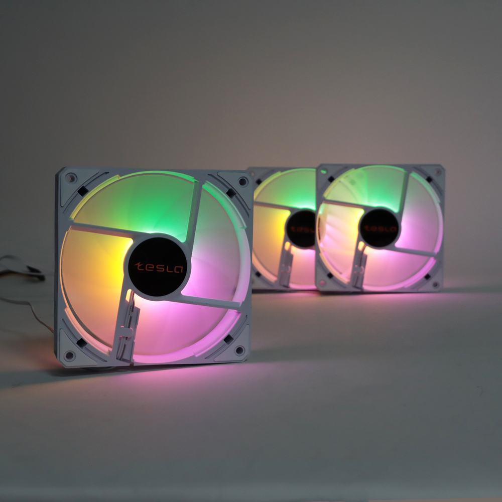 Комплект из 3 вентиляторов TESLA RGB120-LW3, 120мм, 1200rpm, 3-pin+Molex, белый/FRGB, 38CFM, 21дБ, антивибропрокладки (TSL-120-LW3)