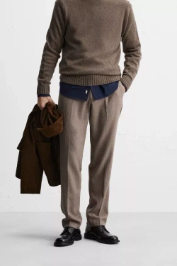 ZARA ШЕРСТЯНЫЕ БРЮКИ С РЕЛЬЕФНЫМ УЗОРОМ, СЕРО-КОРИЧНЕВЫЙ