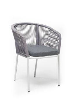"Марсель" стул плетеный из роупа, каркас алюминий белый шагрень, роуп светло-серый круглый, ткань светло-серая