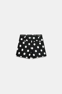 ZARA ШОРТЫ В ГОРОШЕК С ЗАЩИПАМИ И РЕМНЕМ, ЧЕРНЫЙ/БЕЛЫЙ