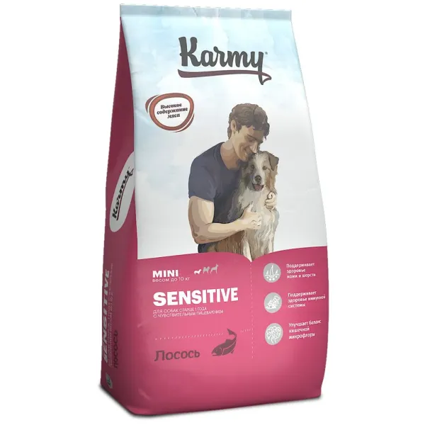 Сухой корм Karmy Sensitive Mini для взрослых собак мелких пород с чувствительным пищеварением, с лососем