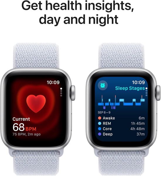 Умные часы Apple Watch SE 2024 40 мм из алюминия серебристого цвета, нейлоновый браслет дымчато-голубого цвета
