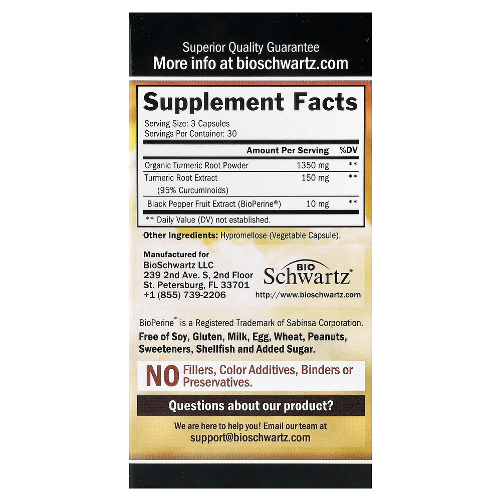 BioSchwartz, куркумин из куркумы ультрапремиального качества с BioPerine®, 90 растительных капсул