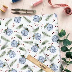 Ткань кулирная гладь снежные шары с еловыми ветками