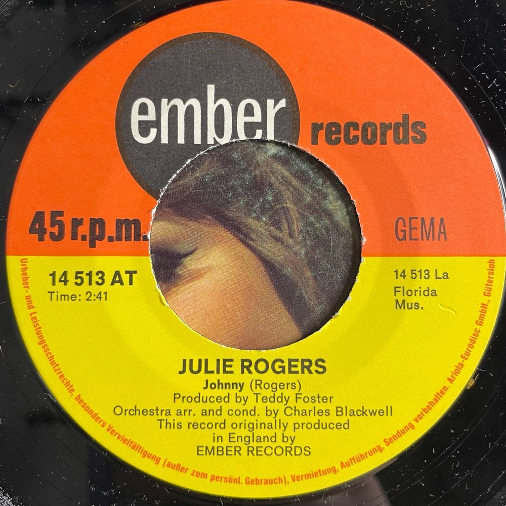 Винтажная виниловая пластинка LP Julie Rogers Johnny, Now (Germany 1970) 7 дюймов, 45 RPM, Single