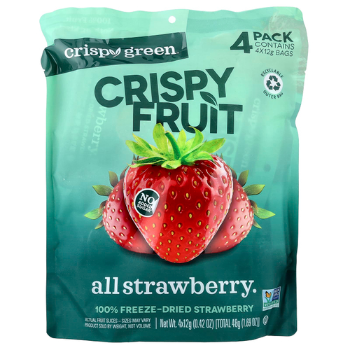 Crispy Green, Crispy Fruit, со вкусом клубники, 4 пакетика по 12 г (0,42 унции)