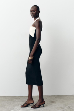 ZARA ЭЛАСТИЧНОЕ ПЛАТЬЕ МИДИ С БАНТОМ, ЧЕРНЫЙ/БЕЛЫЙ