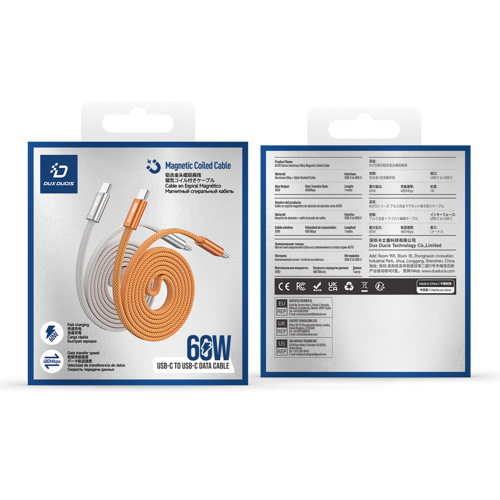 Магнитный плетеный кабель оранжевый для быстрой зарядки 60W, длина 100см (1м) с разъемом Type C на Type C, серия AUTO Series Aluminum от Dux Ducis