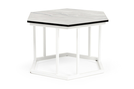 "Женева" интерьерный стол из HPL шестиугольный, D50, H35, цвет "мрамор пепел", каркас из стали белый муар