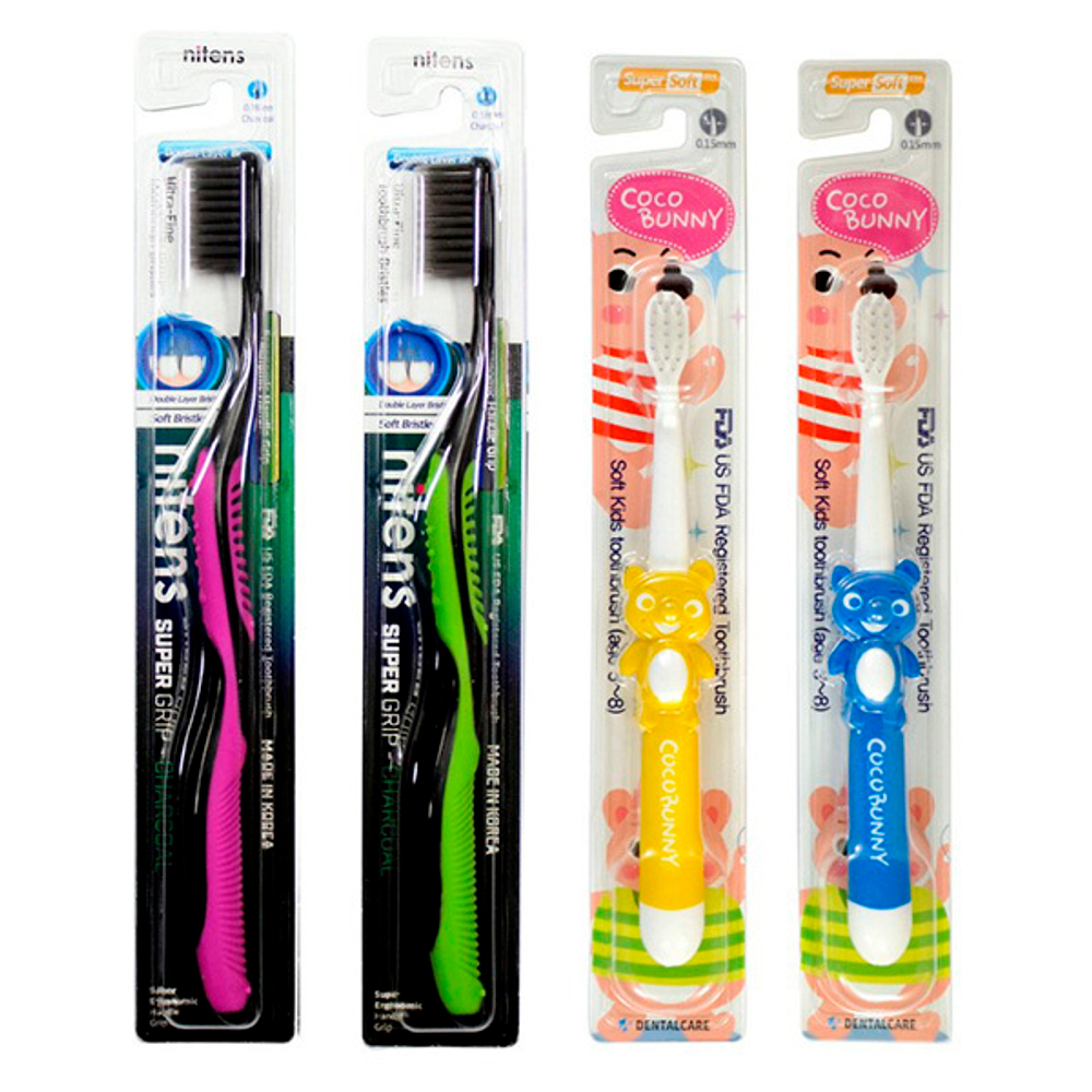 Набор зубных щеток Семейный для детей 3-8 лет и взрослых с древесным углем и изогнутой ручкой (сверхтонкая двойная щетина мягкой жесткости и компактная головка) Dental Care Toothbrush Set 4шт